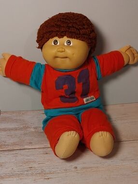 Vintage 1985 Cabbage Patch Kids Boy Doll in Red and Teal Outfit Brown Yarn Hair